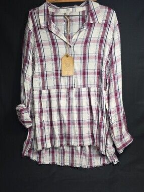 NWT True Craft Burgundy, White, & Navy Plaid Peplum Tunic
